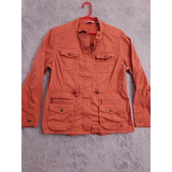 LL Bean Jacket Womens Medium Petite Utility Cargo Full Zip Pockets Salmon SPOTS - Picture 1 of 12